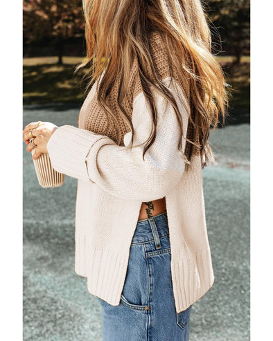 Parchment Cable Knit Color Block Side Splits High Neck Sweater - L