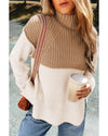 Parchment Cable Knit Color Block Side Splits High Neck Sweater - XL
