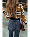 Brown Stripe Contrast Stripes V Neck Textured Knit Sweater - M