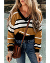 Brown Stripe Contrast Stripes V Neck Textured Knit Sweater - M