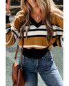 Brown Stripe Contrast Stripes V Neck Textured Knit Sweater - M