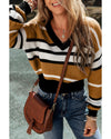 Brown Stripe Contrast Stripes V Neck Textured Knit Sweater - M