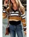 Brown Stripe Contrast Stripes V Neck Textured Knit Sweater - M