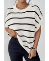 White Stripe Striped Pattern Batwing Sleeve Sweater - XL