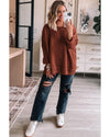 Gold Flame Solid Color Textured Crew Neck Loose Sweater - S