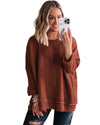Gold Flame Solid Color Textured Crew Neck Loose Sweater - S