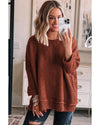 Gold Flame Solid Color Textured Crew Neck Loose Sweater - S