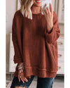 Gold Flame Solid Color Textured Crew Neck Loose Sweater - S