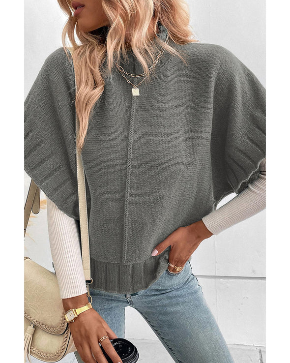Medium Grey Mock Neck Batwing Short Sleeve Knit Sweater - XL