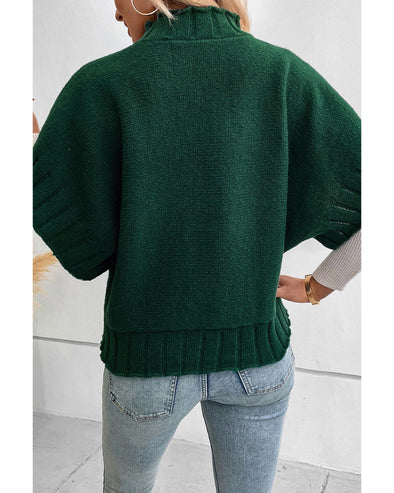 Blackish Green Mock Neck Batwing Short Sleeve Knit Sweater - L