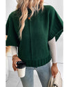 Blackish Green Mock Neck Batwing Short Sleeve Knit Sweater - L