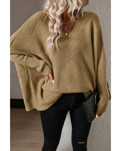 Camel Checkered Textured Batwing Sleeve Sweater - M