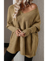 Camel Checkered Textured Batwing Sleeve Sweater - M