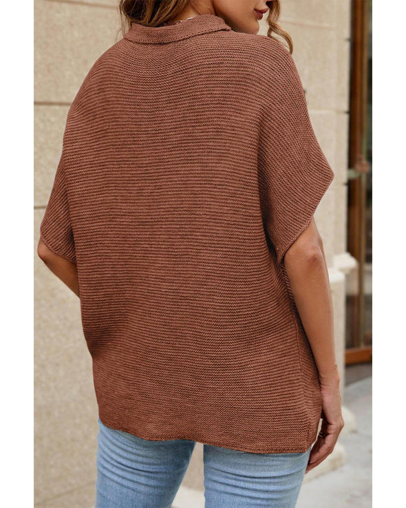 Coffee High Neck Short Bat Sleeve Sweater - M