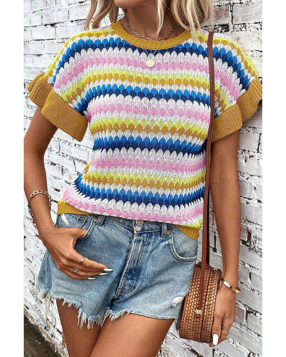 Khaki Trimmed Ruffle Sleeve Colorful Textured Sweater - L