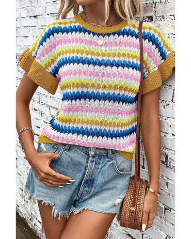 Khaki Trimmed Ruffle Sleeve Colorful Textured Sweater - S