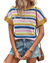 Khaki Trimmed Ruffle Sleeve Colorful Textured Sweater - XL