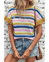 Khaki Trimmed Ruffle Sleeve Colorful Textured Sweater - XL
