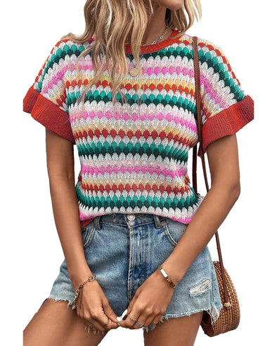 Fiery Red Trimmed Ruffle Sleeve Colorful Textured Sweater - M