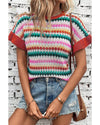 Fiery Red Trimmed Ruffle Sleeve Colorful Textured Sweater - M