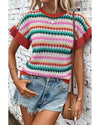 Fiery Red Trimmed Ruffle Sleeve Colorful Textured Sweater - M