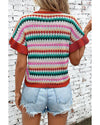 Fiery Red Trimmed Ruffle Sleeve Colorful Textured Sweater - M