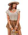 Beige Pointelle Knit Flutter Sleeve Sweater - L