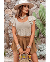 Beige Pointelle Knit Flutter Sleeve Sweater - L