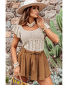 Beige Pointelle Knit Flutter Sleeve Sweater - L