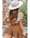 Beige Pointelle Knit Flutter Sleeve Sweater - L