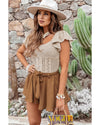 Beige Pointelle Knit Flutter Sleeve Sweater - L