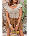 Beige Pointelle Knit Flutter Sleeve Sweater - L
