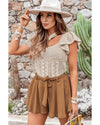 Beige Pointelle Knit Flutter Sleeve Sweater - L