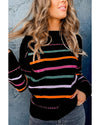 Black Colorful Striped Ribbed Trim Sweater - XL