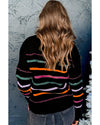 Black Colorful Striped Ribbed Trim Sweater - XL