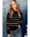 Black Colorful Striped Ribbed Trim Sweater - XL