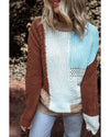 Khaki Mix Textured Knit Colorblock Patchwork Sweater - M