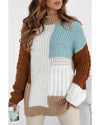 Khaki Mix Textured Knit Colorblock Patchwork Sweater - M