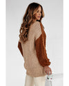 Khaki Mix Textured Knit Colorblock Patchwork Sweater - S