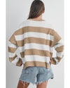 Light French Beige Colorblock Striped Drop Shoulder Side Slit Sweater - M