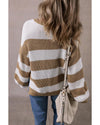 Light French Beige Colorblock Striped Drop Shoulder Side Slit Sweater - M