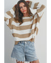 Light French Beige Colorblock Striped Drop Shoulder Side Slit Sweater - M