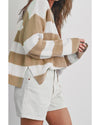 Light French Beige Colorblock Striped Drop Shoulder Side Slit Sweater - M
