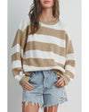 Light French Beige Colorblock Striped Drop Shoulder Side Slit Sweater - M