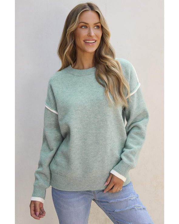 Moonlight Jade Colorblock Contrasting Edge Crewneck Sweater - L