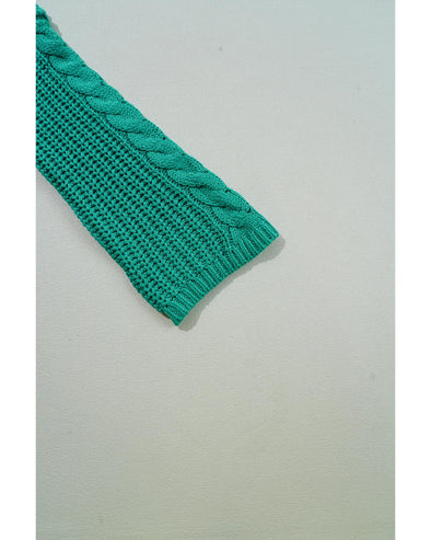 Sea Green Cable Knit V Neck Contrast Drawstring Hooded Sweater - L