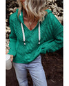 Sea Green Cable Knit V Neck Contrast Drawstring Hooded Sweater - L