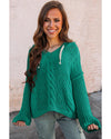 Sea Green Cable Knit V Neck Contrast Drawstring Hooded Sweater - L
