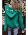 Sea Green Cable Knit V Neck Contrast Drawstring Hooded Sweater - L