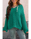 Sea Green Cable Knit V Neck Contrast Drawstring Hooded Sweater - M